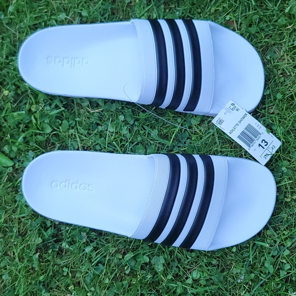 Men’s adidas adilette shower slides men's White /black stripes Size 13